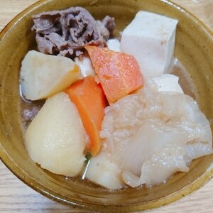 豆腐もエノキも一緒に肉じゃが。